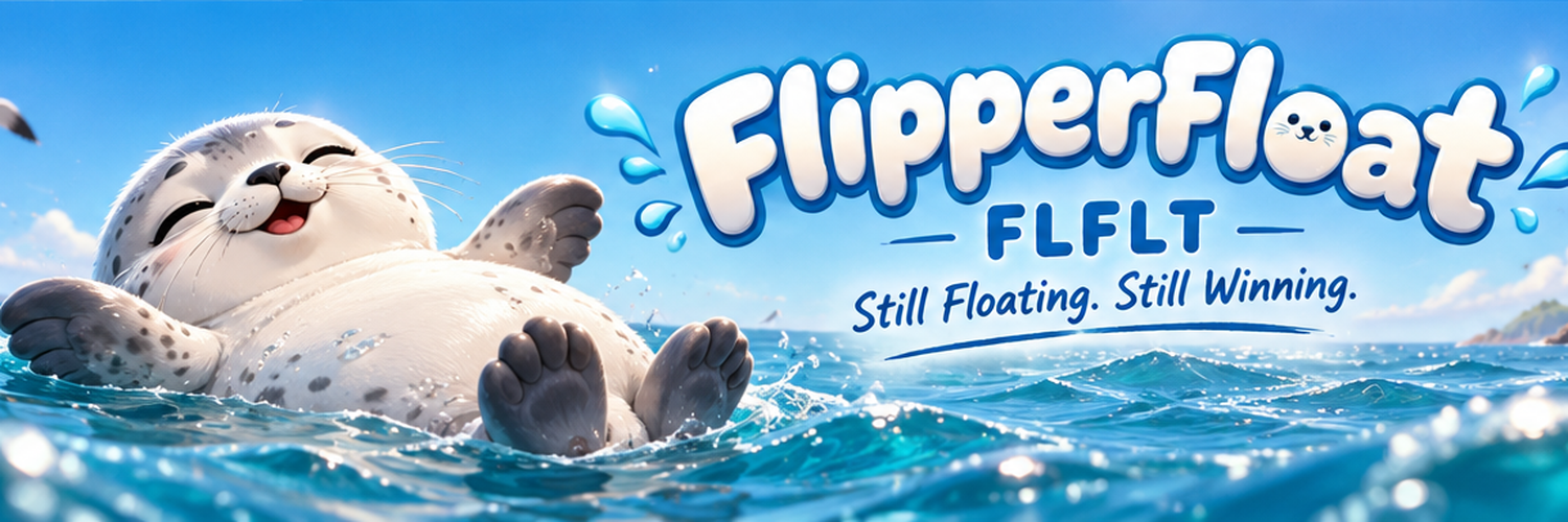 FlipperFloat. FLFLT. Still Floating. Still Winning. A happy little seal drifts belly-up on the sparkling sea.